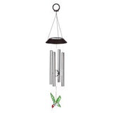 A 23.5 inch solar-powered windchime with black and metallic colors, designed to hang outdoors.