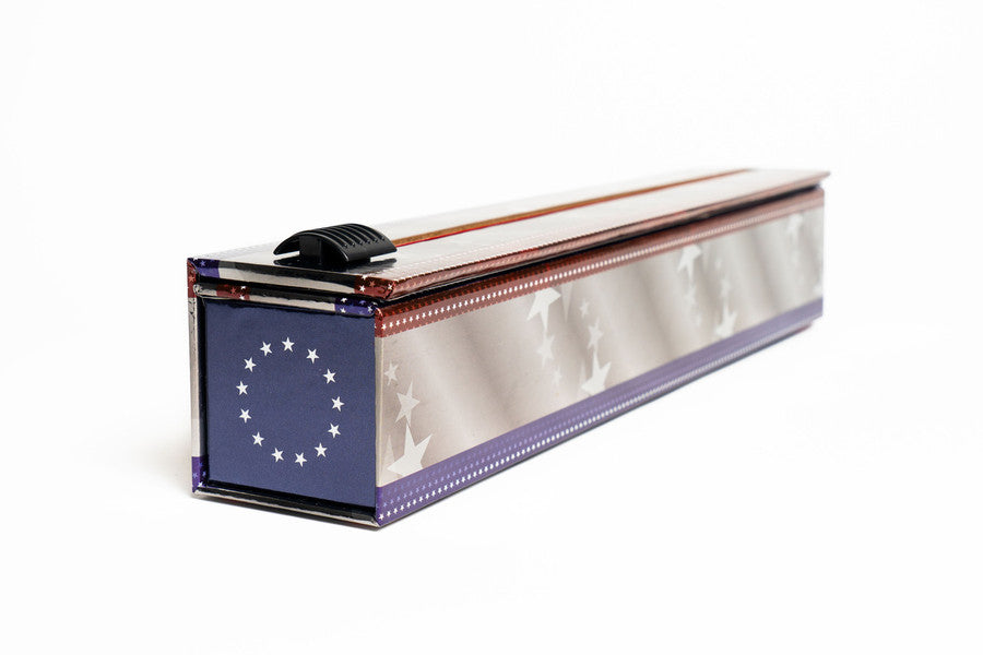 A patriotic colored foil dispenser, primarily blue and white, with red accents.