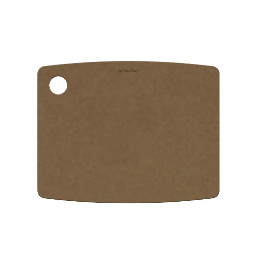 A rectangular brown cutting board with a hole for hanging storage.