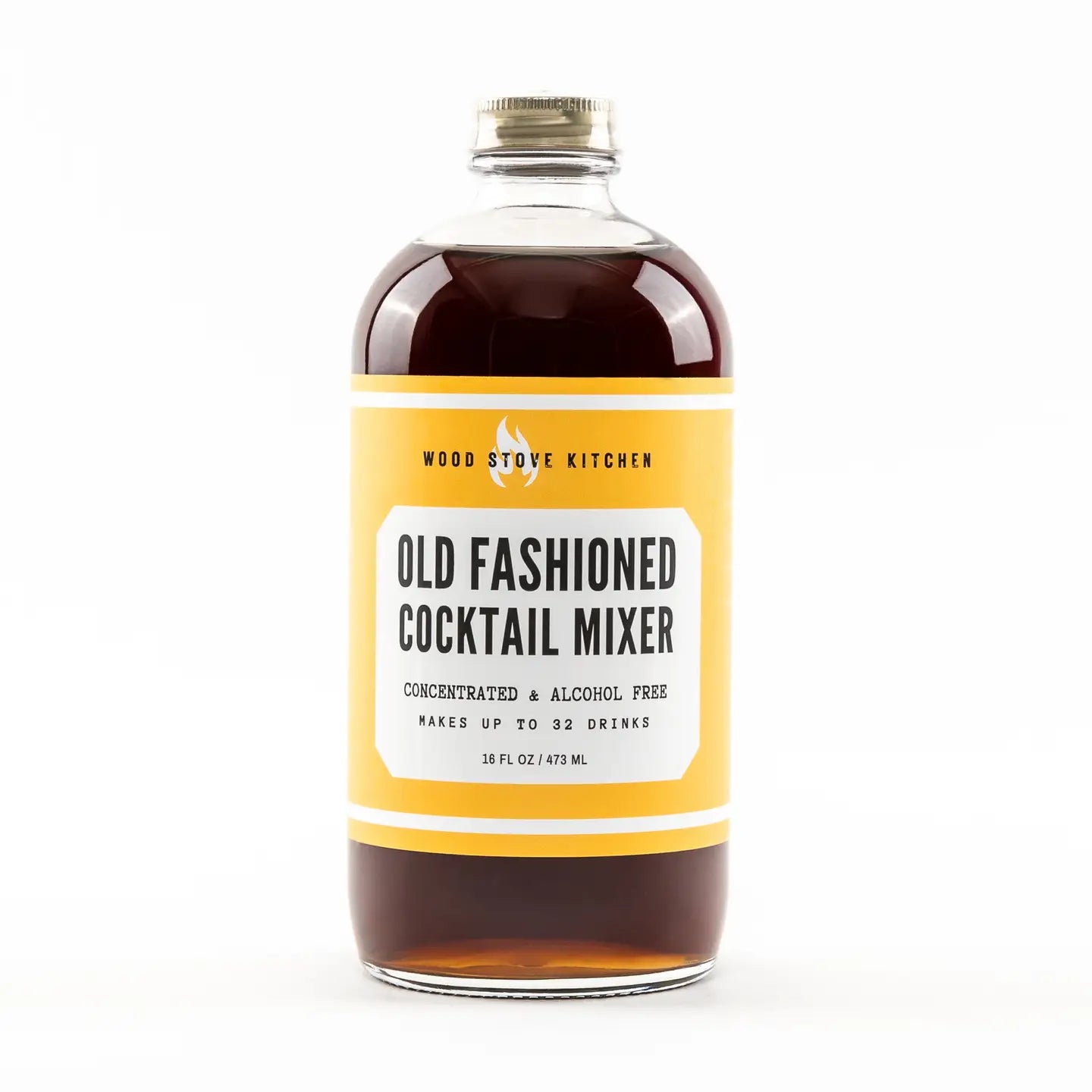 Bottle of Old Fashioned Cocktail Mixer with a yellow label on a white background