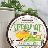 Packaging of 'LAMBS DIP' with a gourmet herb blend labeled as 'Buffalo Ranch Dip' with images of a bowl of dip, vegetables, and herbs.