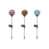 Three solar mosaic garden stakes with multicolored geometric patterns, designed to provide LED light displays when illuminated.