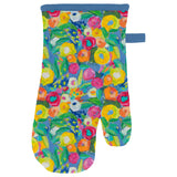 Colorful floral-patterned oven mitt on a white background