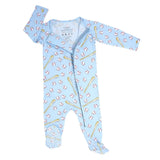 Baby onesie with baseball pattern on a light blue background