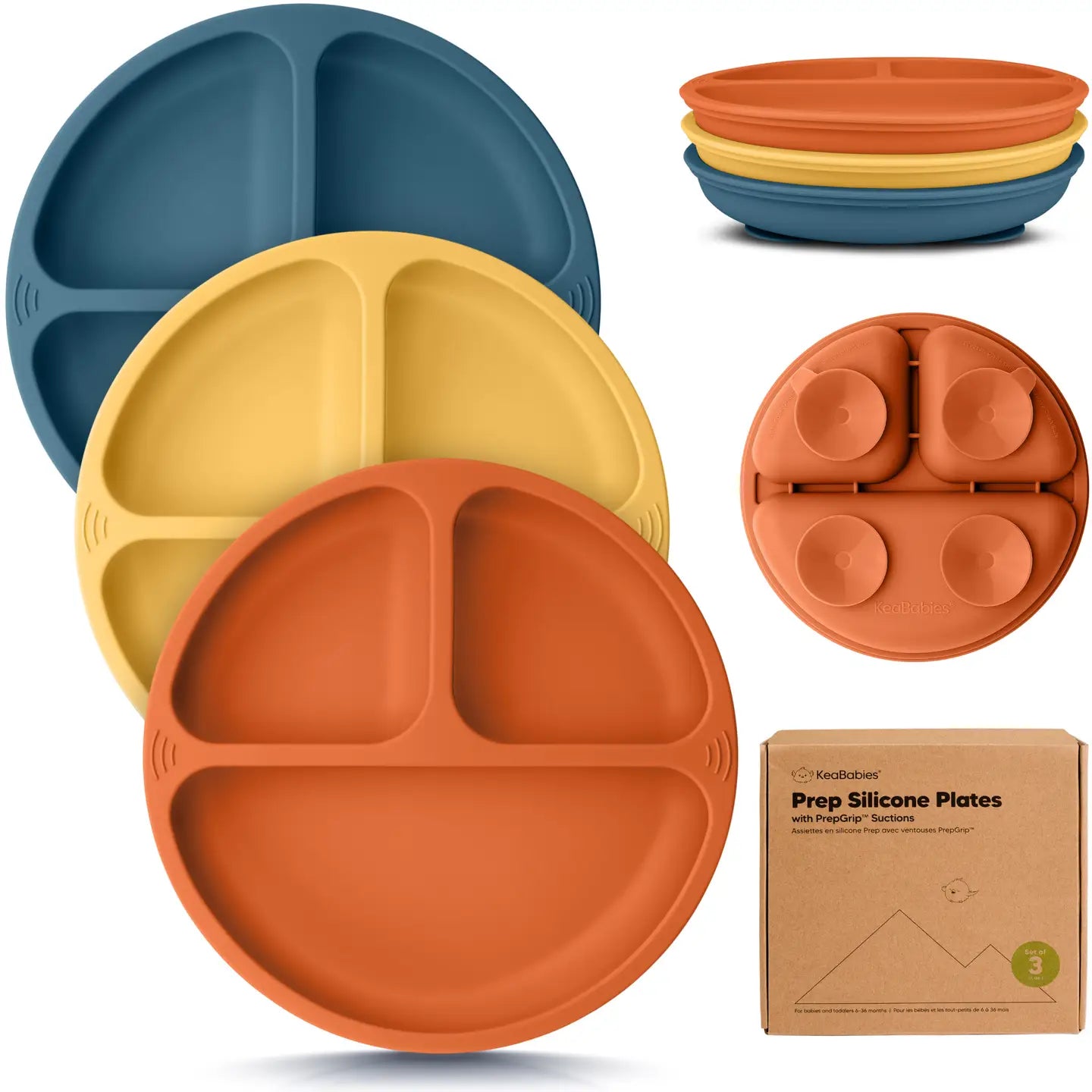 Set of silicone plates in blue, yellow, and orange with a cardboard box labeled 'Prep Silicone Plates'.