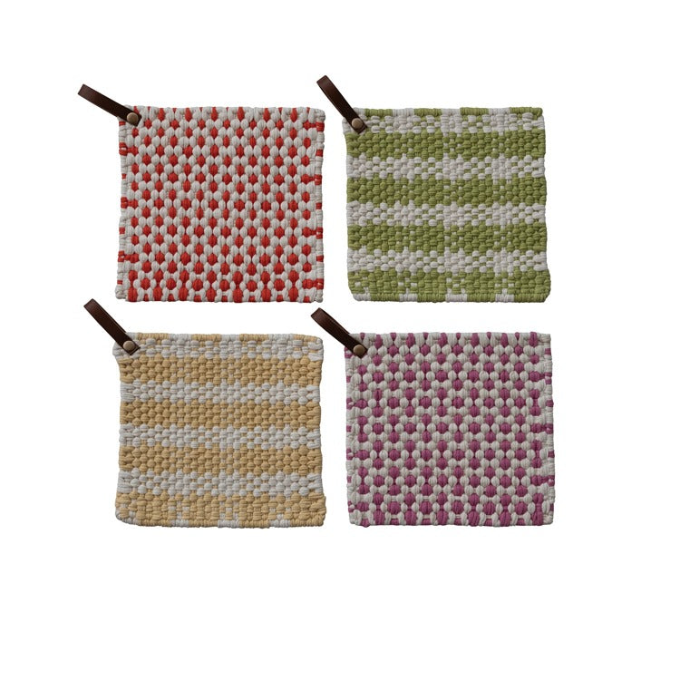 Four woven  potholder with different patterns and colors on a white background