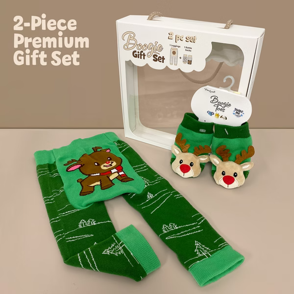 2-piece premium gift set with green leggings and matching shoes featuring reindeer designs, displayed against a beige background.