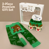 2-piece premium gift set with green leggings and matching shoes featuring reindeer designs, displayed against a beige background.