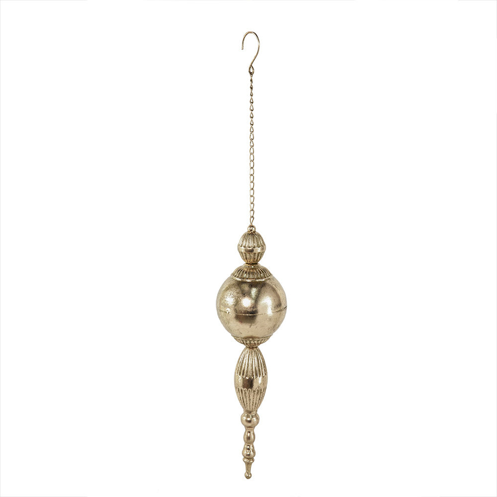 A gold-colored hanging ornament with a spherical shape and decorative elements, including a chain at the top for hanging.