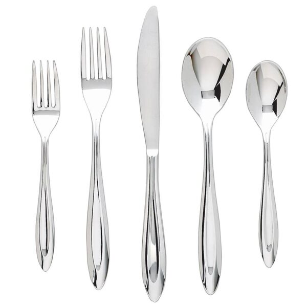 A set of silver flatware, including a dinner knife, dinner fork, salad fork, soup spoon, and teaspoons.