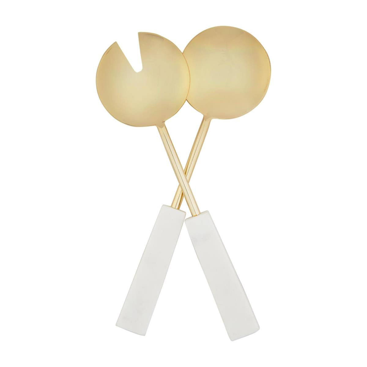 A set of two gold salad servers with a geometric design on a white background.