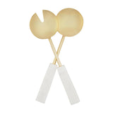 A set of two gold salad servers with a geometric design on a white background.