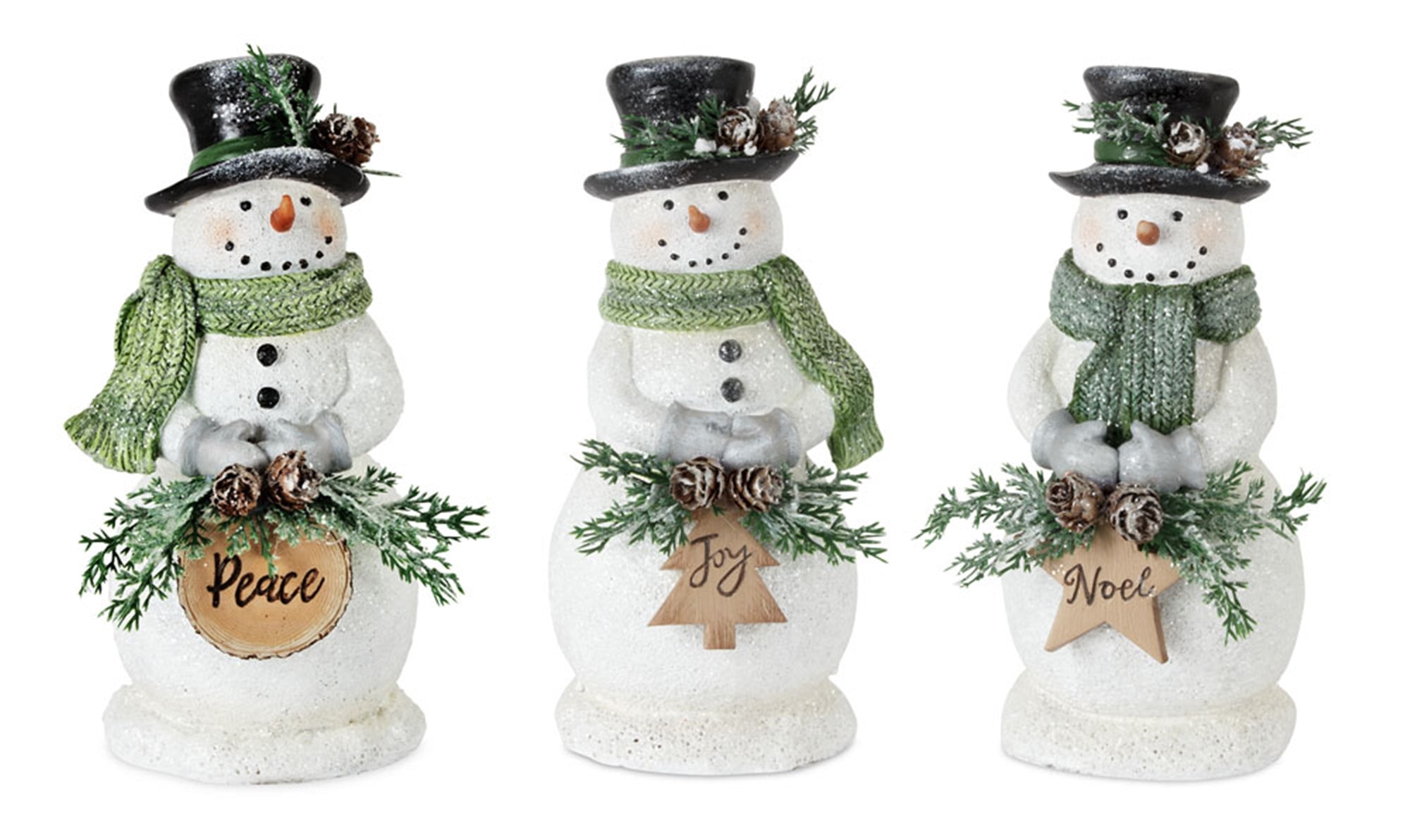 A set of three snowman figurines, each with a green scarf, black hat, and decorative elements. They hold signs with the words 'Peace,' 'Joy,' and 'Noel' respectively.
