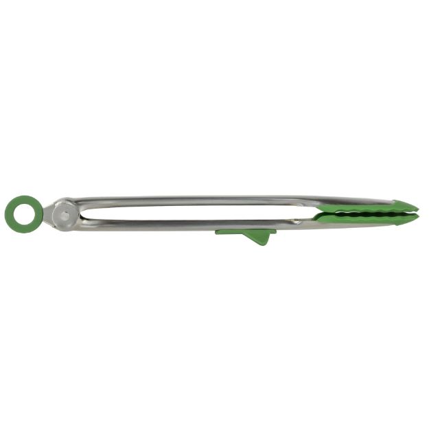 A pair of stainless steel kitchen tongs with green accents on the handles.