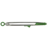 A pair of stainless steel kitchen tongs with green accents on the handles.