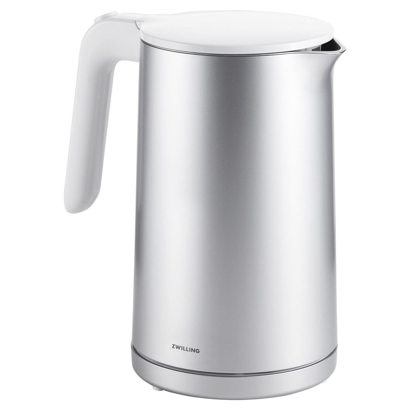 A silver ZWILLING ENFINIGY electric kettle with a white handle and lid, displaying a modern and sleek design.