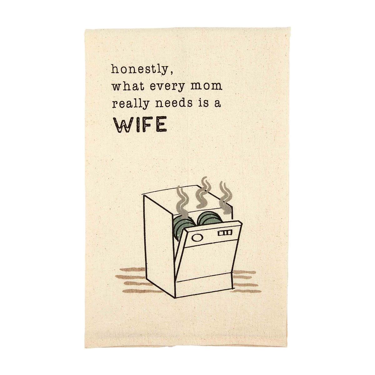 Kitchen towel with a humorous message and illustration of a microwave.
