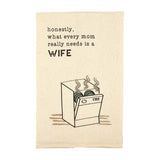Kitchen towel with a humorous message and illustration of a microwave.