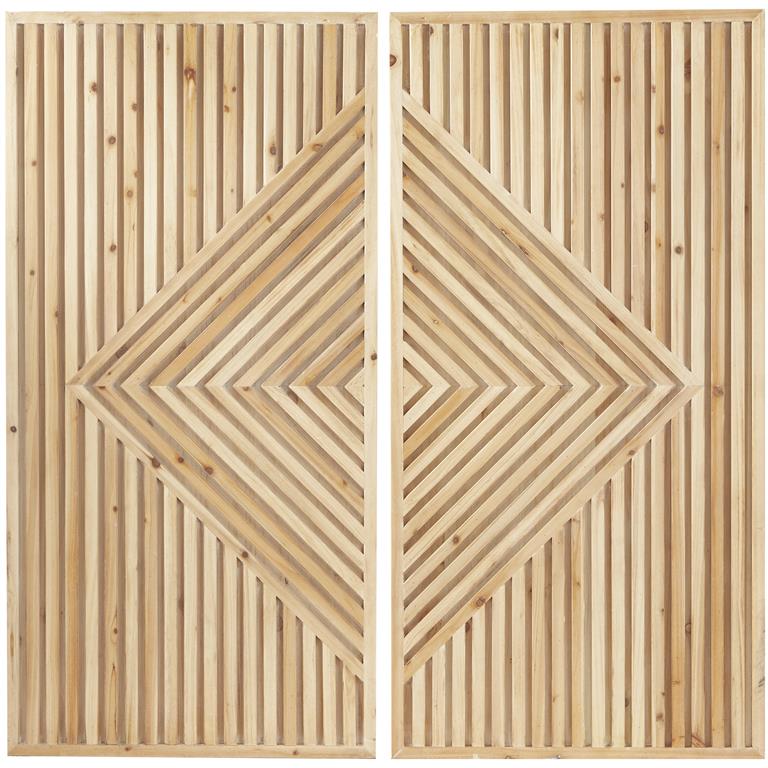 A set of two wooden wall decor panels with a geometric pattern.
