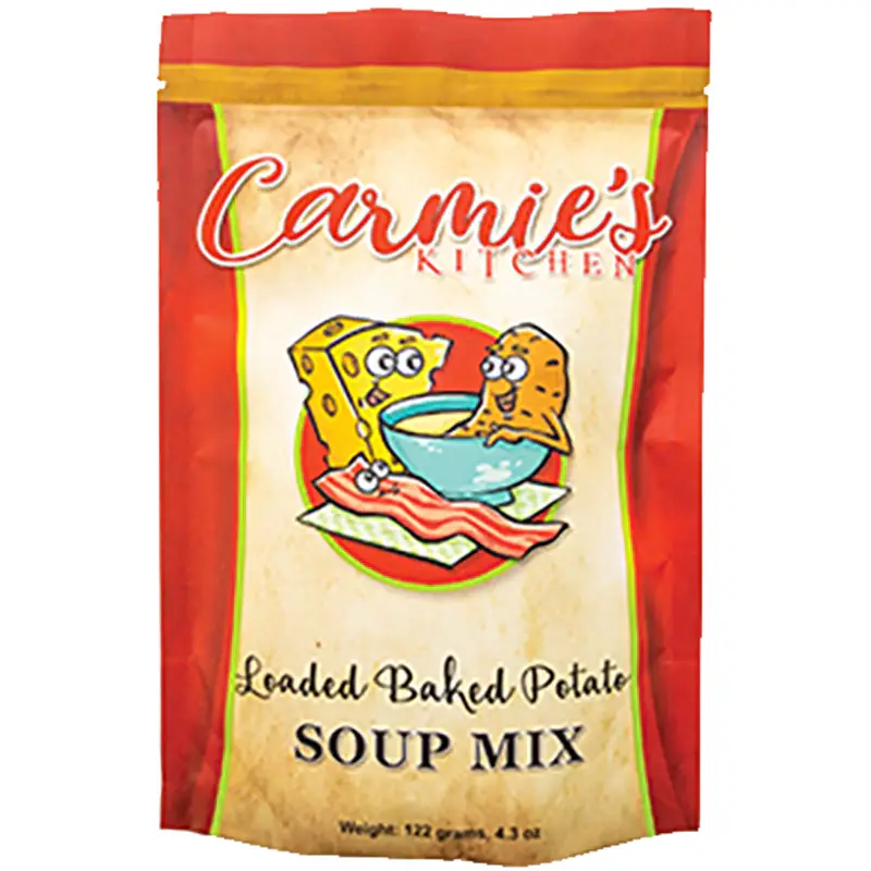Packaging of Carmie's Kitchen Loaded Baked Potato Soup Mix with an illustration of a soup bowl and ingredients like potatoes and bacon.