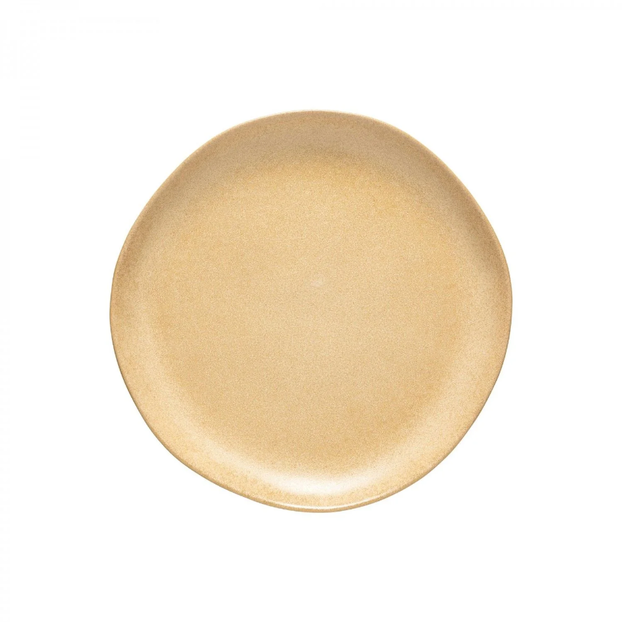A beige-colored ceramic dinner plate with a simple, solid color design.