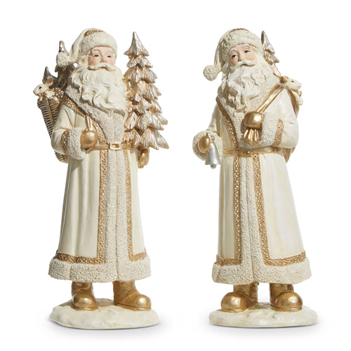 Two Santa figurines, one holding a Christmas tree, both in ivory and gold colors, with no other distinguishable features beyond their appearance.