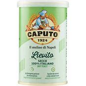 A tin can of Caputo Yeast Lievito with green, yellow, and white color scheme and Italian text.
