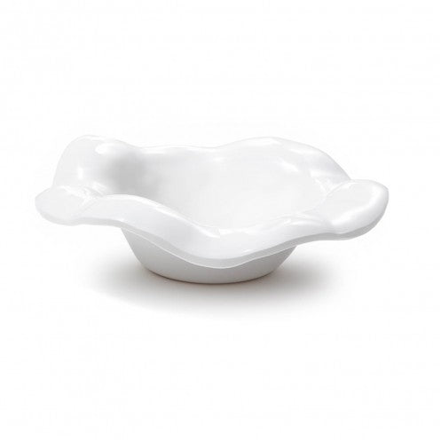 A small white bowl with a curved edge, made of luxury melamine, designed in the iconic Beatriz Ball style.
