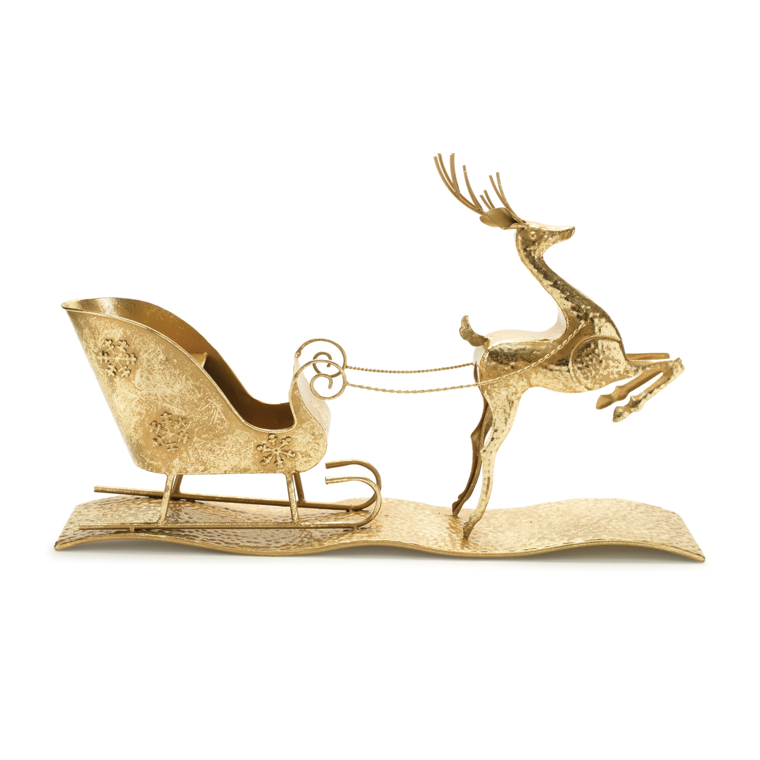 A decorative metal reindeer pulling a sleigh, with both items designed in a stylized, non-realistic artistic style, finished in gold color.