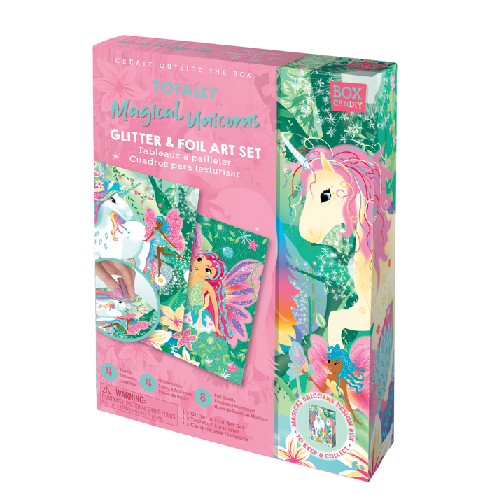 A product packaging for UNICORNS GLITTER & FOIL ART SET, showing a colorful illustration of a unicorn and fairies on cards and the contents like glitter tubes, foil sheets, and a craft box.