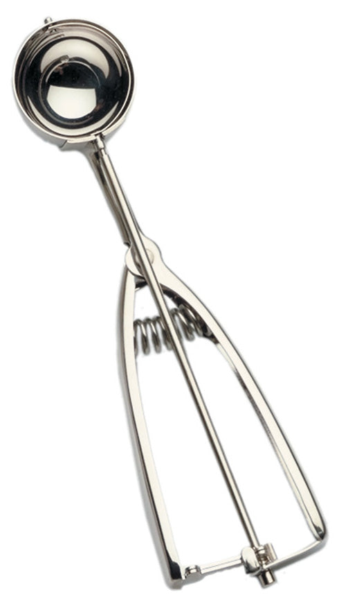 A silver-colored spring release scoop with a cup-shaped head and a long handle.