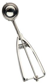 A silver-colored spring release scoop with a cup-shaped head and a long handle.
