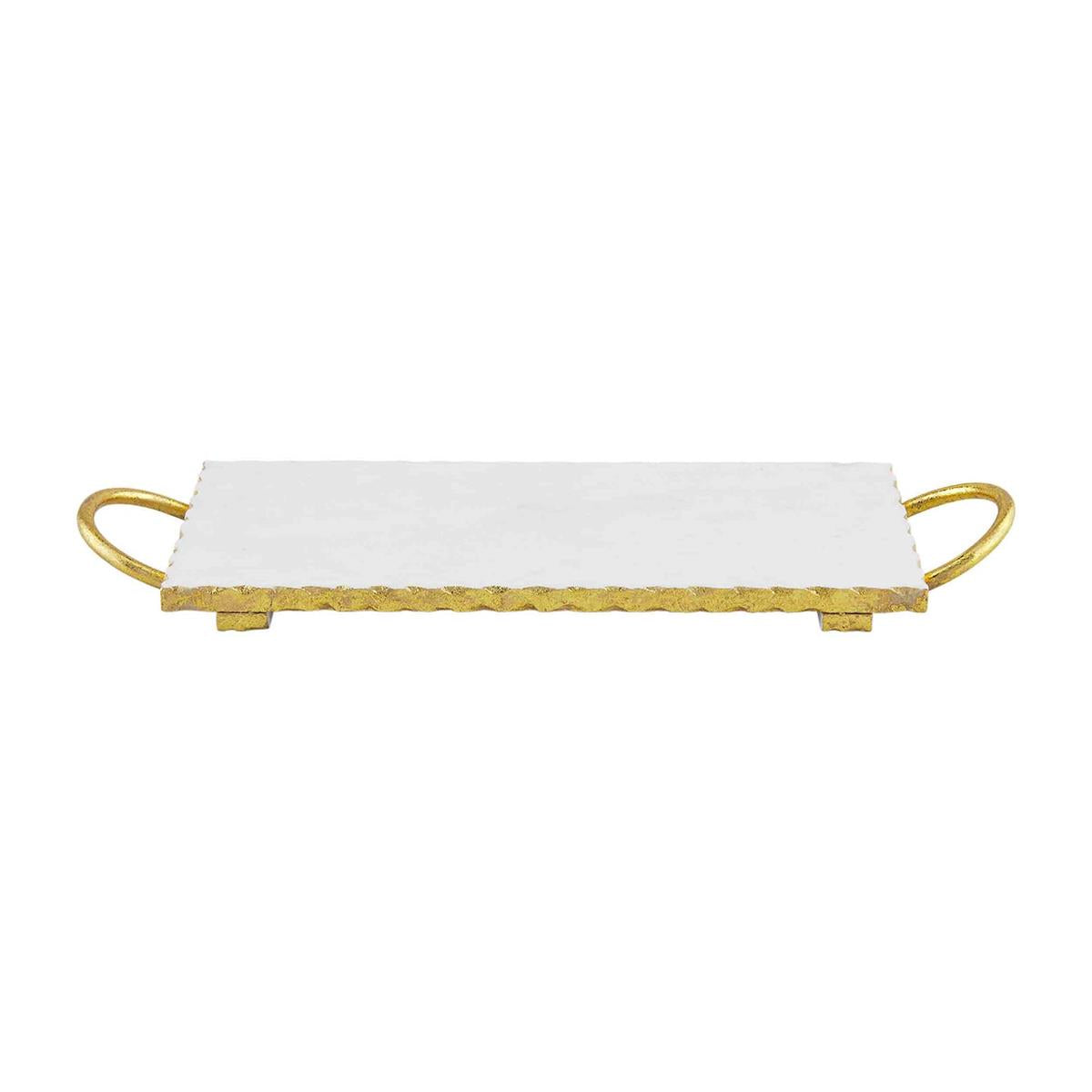 A rectangular marble board with gold-colored handles on the sides.