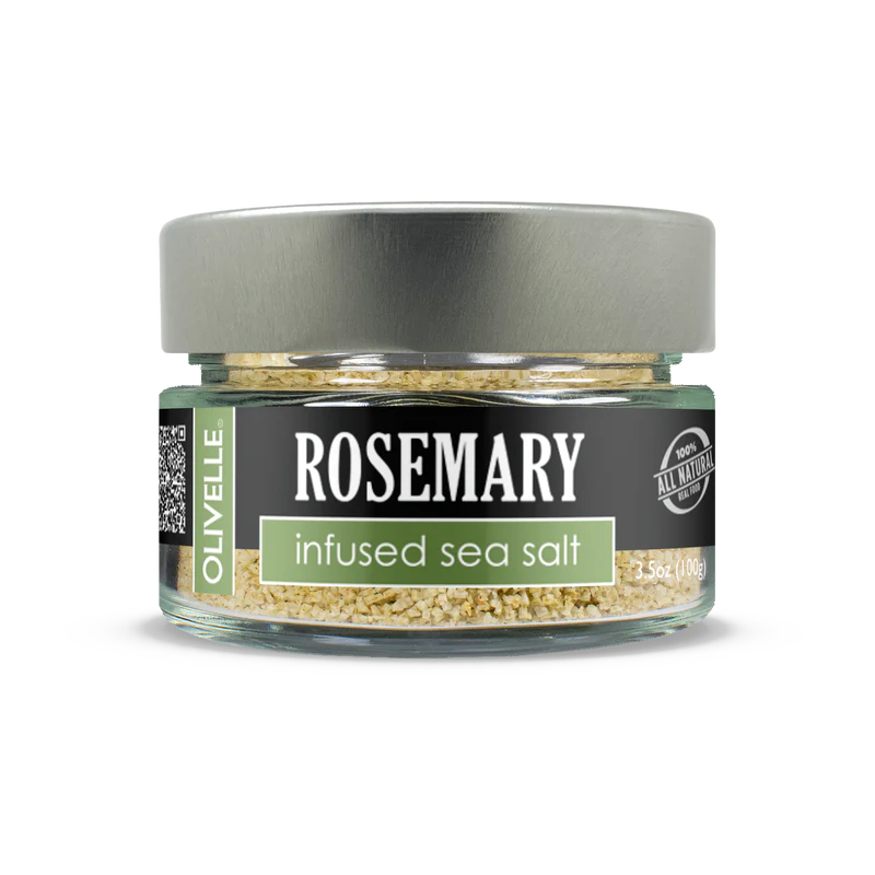 A jar of Rosemary infused sea salt with a label indicating the flavor, placed against a white background.