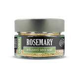 A jar of Rosemary infused sea salt with a label indicating the flavor, placed against a white background.