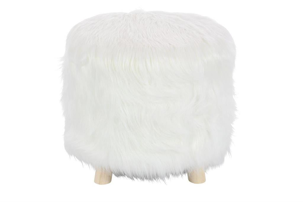 A white faux fur foot stool with a wooden base.