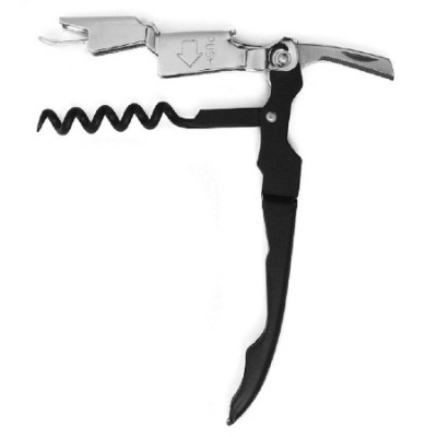 A black and silver two-step rabbit zippity bottle opener with a metal body and a rubber grip.