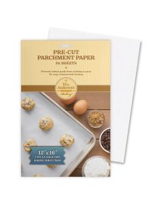 Packaging of Mrs. Anderson's Baking Professional-Quality Unbleached Parchment Paper showing the product and some baked cookies on a baking tray.
