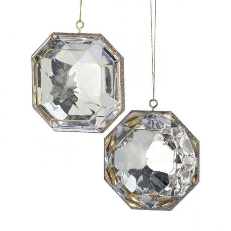 Two sparkling clear acrylic oblong gem ornaments with a 5'' size, hanging by strings.
