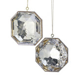 Two sparkling clear acrylic oblong gem ornaments with a 5'' size, hanging by strings.