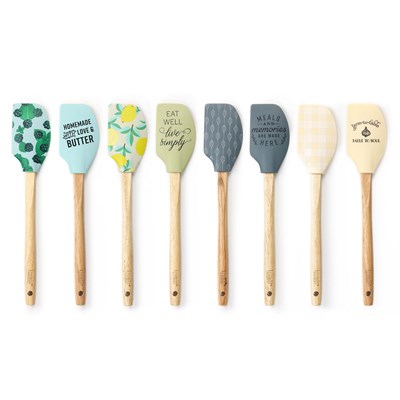 A set of silicone spatulas with wooden handles, each featuring a different design and color.