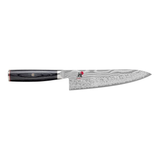 A 8-inch MIYABI GYUTOH knife with a Damascus patterned blade and a black handle with red accents.