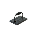 A black cast iron grill press with a handle.