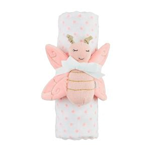 A swaddled baby toy with a rattle, featuring soft colors and a butterfly design.