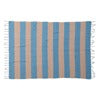 Striped blue and white  throw blanket with tassels on a plain background