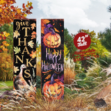 A 42-inch tall garden stake with a pumpkin design, featuring a 'Happy Halloween' message, positioned in a garden setting with autumn foliage.