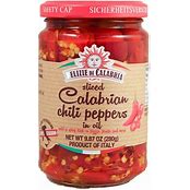 A jar of sliced Calabrian chili peppers in oil, with a red label indicating the product name and origin from Calabria, Italy.