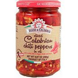 A jar of sliced Calabrian chili peppers in oil, with a red label indicating the product name and origin from Calabria, Italy.