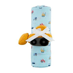 A swaddled baby toy with a rattle, featuring soft colors and a butterfly design.