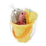 A yellow plastic sand bucket toy set with a mesh net and various colorful sand molds inside, designed for children's play.